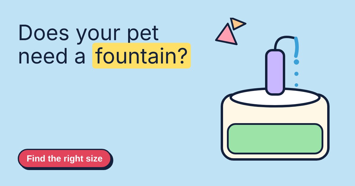 Illustrated pet water fountain with a stream of water, next to the title