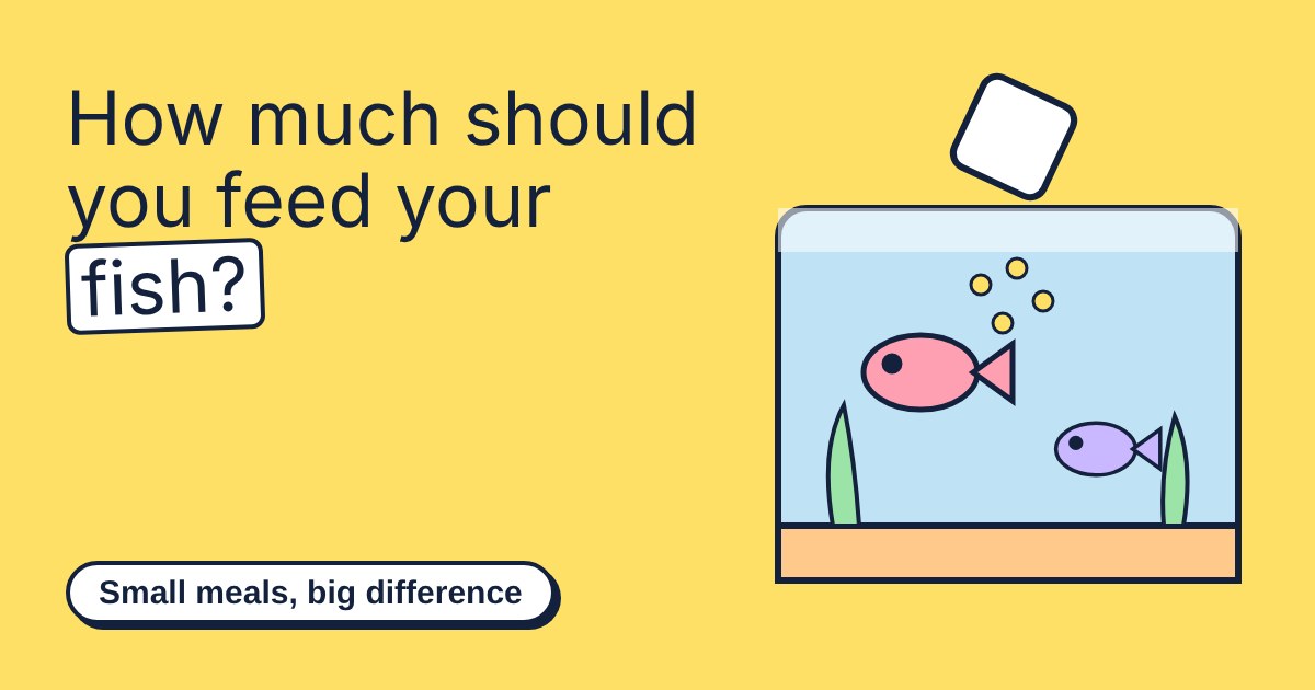A cartoon fish tank with a pink and a purple fish, a few flakes of food and a food tub tipping above it