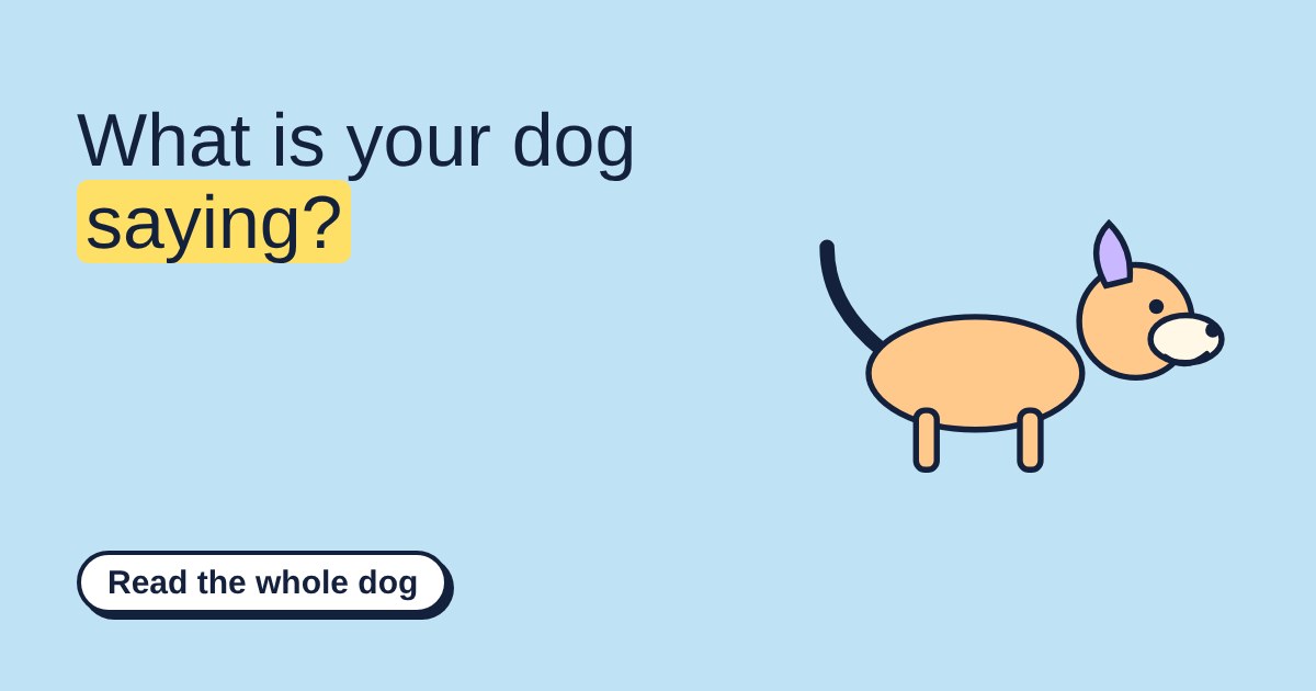 Simple drawing of an orange cartoon dog with pricked lilac ear and raised tail on a sky blue background